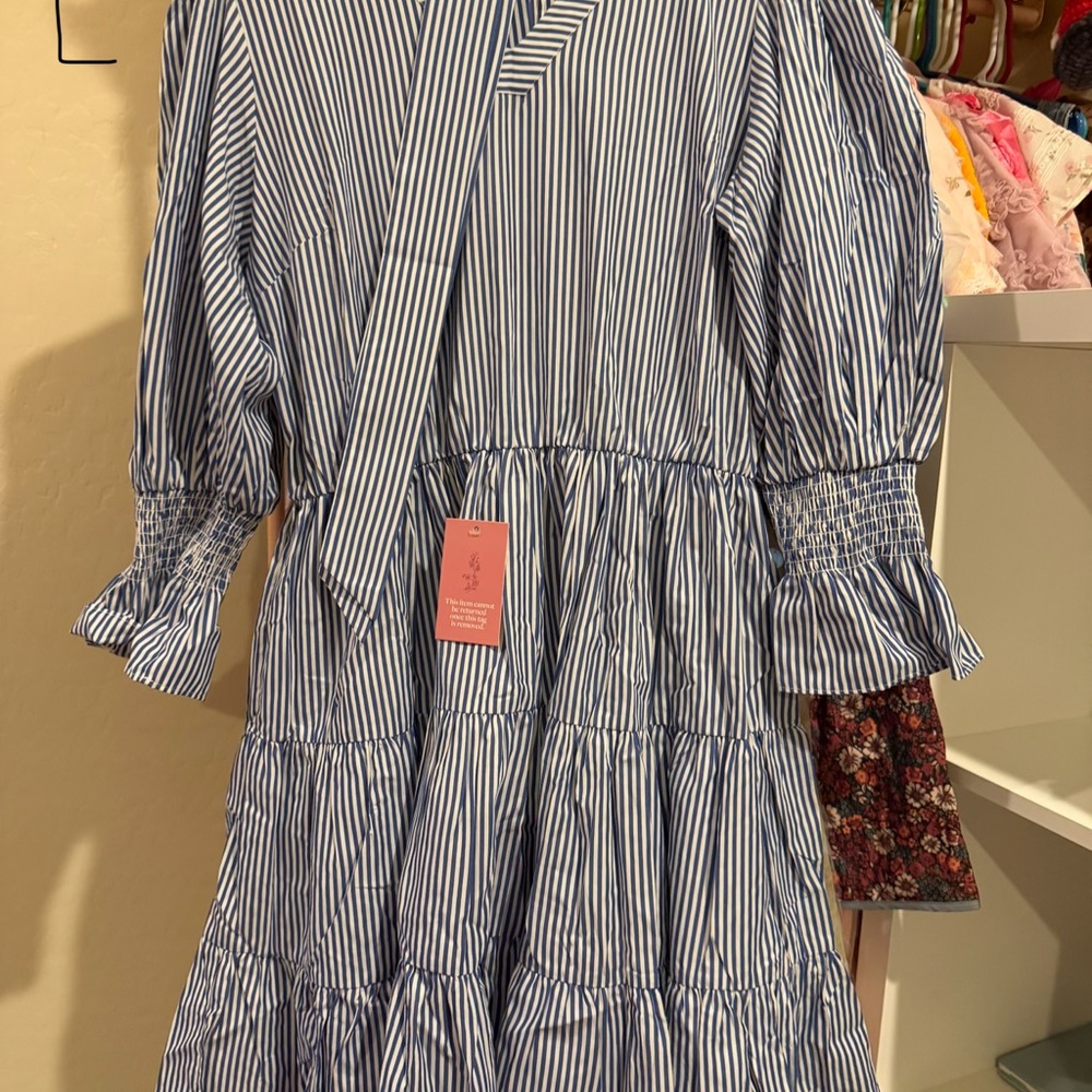 Ivy City Co Large Blue Stripe Tie Waist Tiered Dress Puff Sleeve - Picture 2 of 2